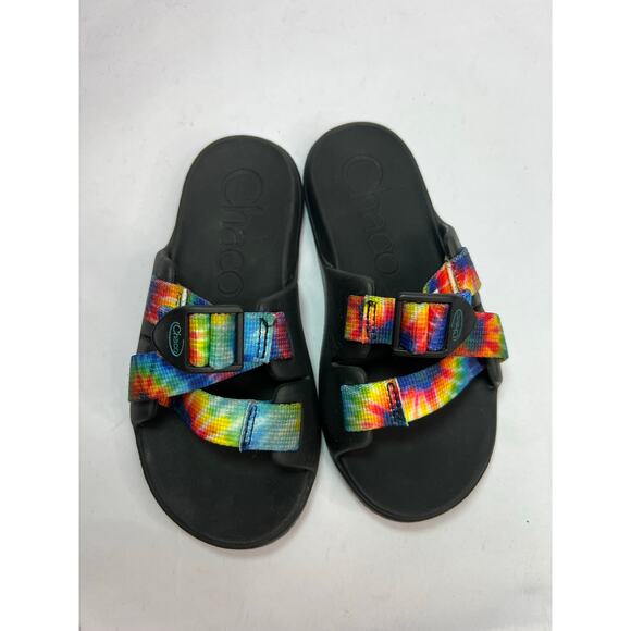 Chaco Kids Tie-Dye Slide Sandals, Black Sole, Adjustable Outdoor Summer Slip-Ons - Picture 3 of 10